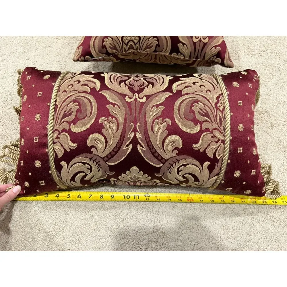 Croscill Burgundy Gold Bed Accent Pillow Set Tassel Fringe Damask Decorative